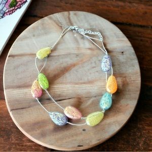 Large Flat Multicolor Glass Beads on Silver Tone Necklace Vintage